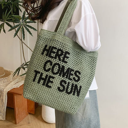 Letter Embroidered Woven Tote Bag
