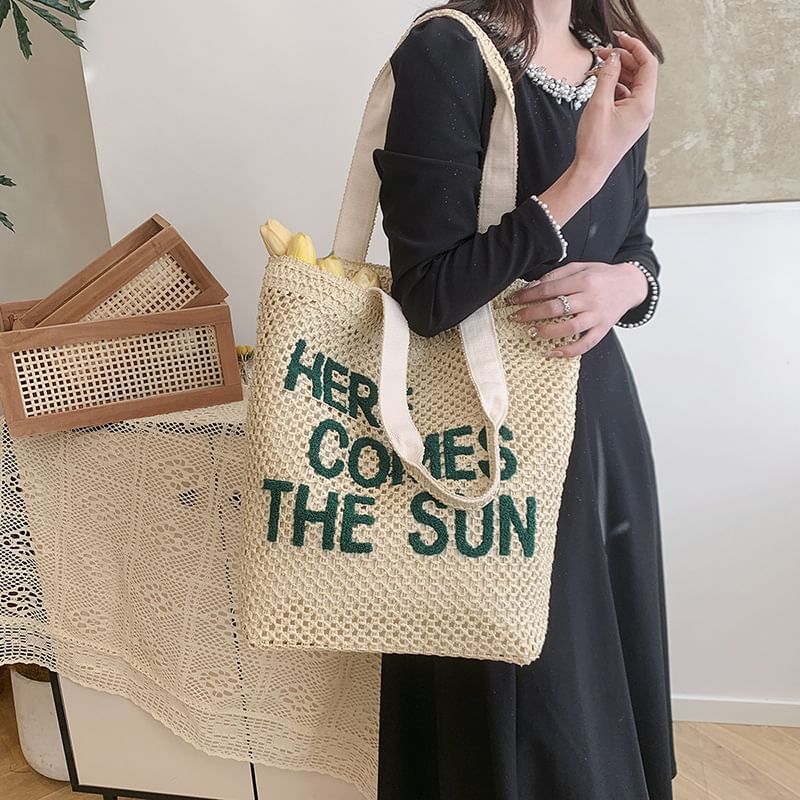 Letter Embroidered Woven Tote Bag