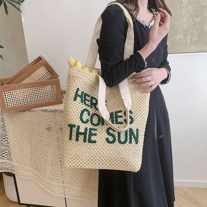 Letter Embroidered Woven Tote Bag
