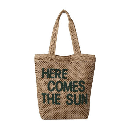 Letter Embroidered Woven Tote Bag