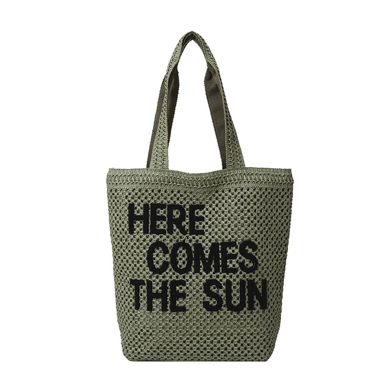 Letter Embroidered Woven Tote Bag