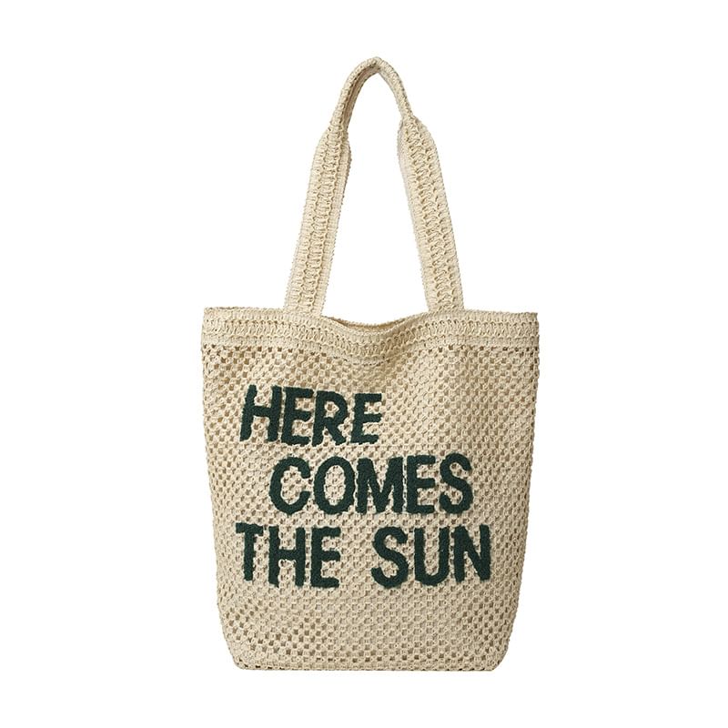 Letter Embroidered Woven Tote Bag