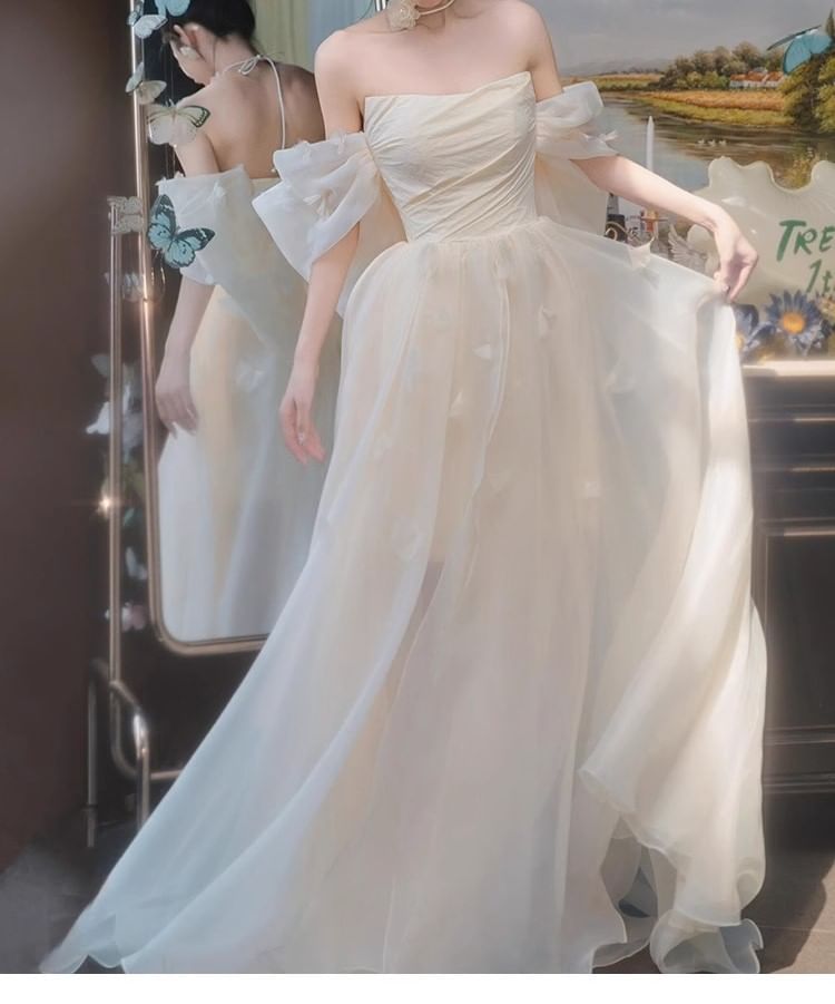 Off-Shoulder Mesh Floral A-Line Wedding Gown