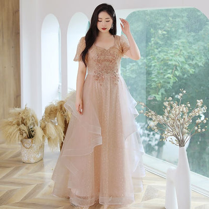 Plus Size Short-Sleeve Mesh A-Line Evening Gown