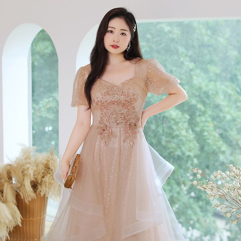 Plus Size Short-Sleeve Mesh A-Line Evening Gown