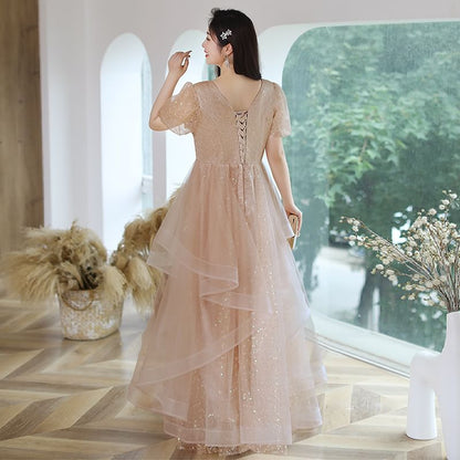 Mesh Gown Size Plus A-Line Evening Short-Sleeve