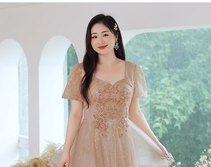 Mesh Gown Size Plus A-Line Evening Short-Sleeve