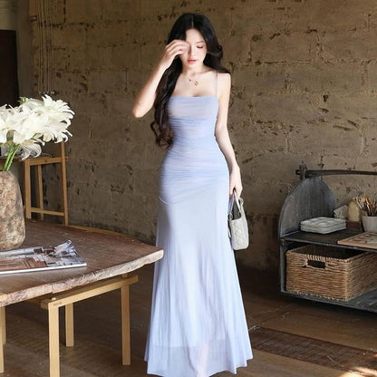 Ruched Sheer Maxi Bodycon Dress with Spaghetti Straps
