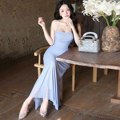 Ruched Sheer Maxi Bodycon Dress with Spaghetti Straps