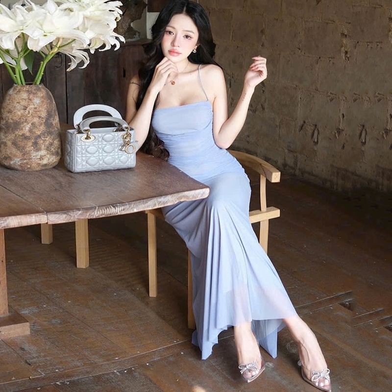 Ruched Maxi Bodycon Dress with Spaghetti Straps