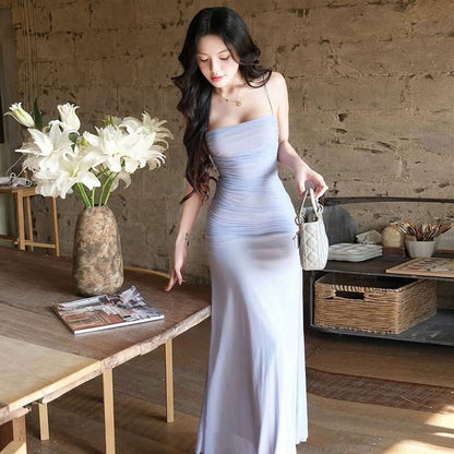 Ruched Maxi Bodycon Dress with Spaghetti Straps
