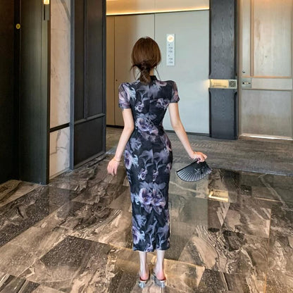 Short-Sleeve Floral Print Maxi Sheath Qipao Dress