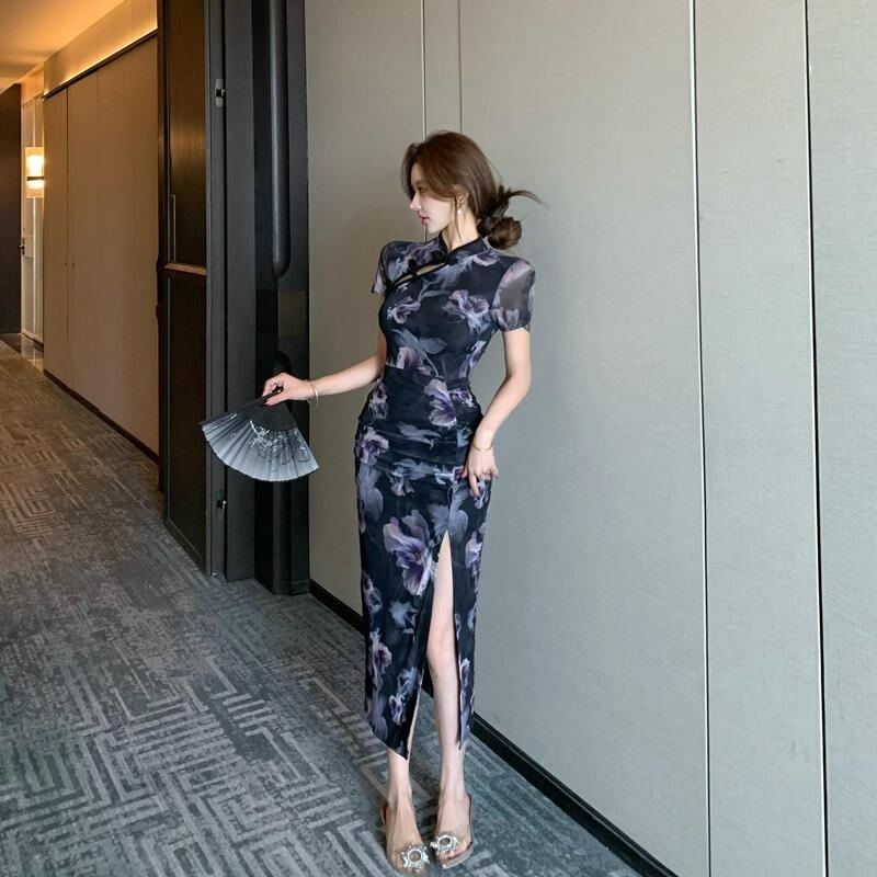 Short-Sleeve Floral Print Maxi Sheath Qipao Dress