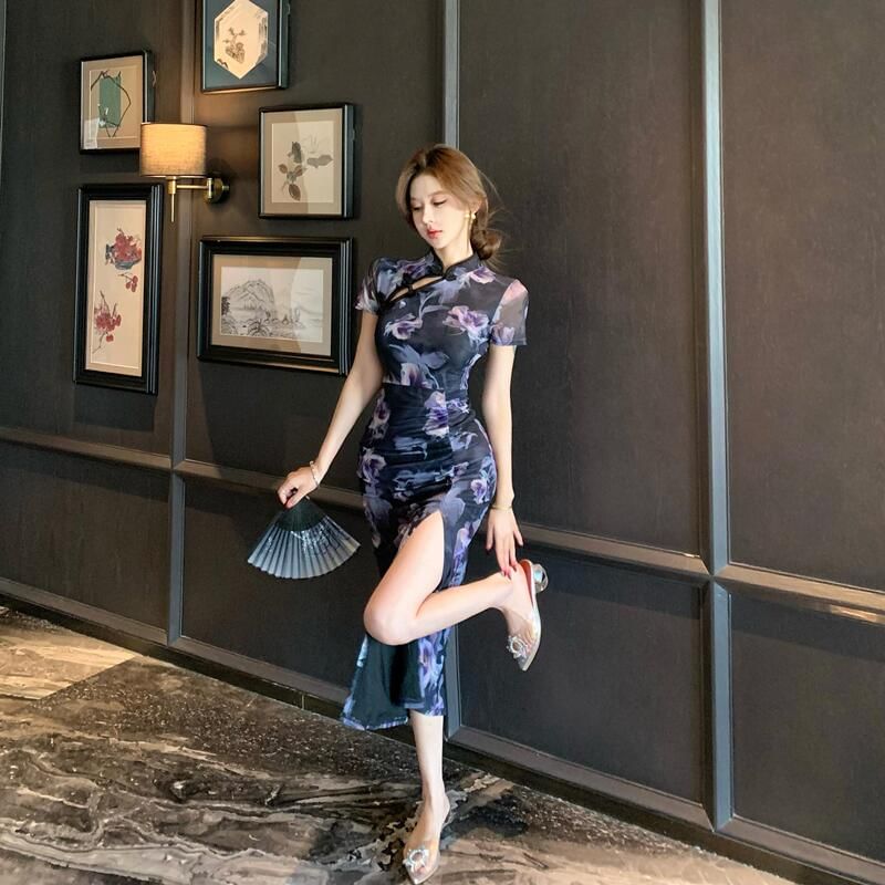 Short-Sleeve Floral Print Maxi Sheath Qipao Dress