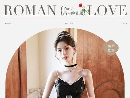 Ruffle Evening Strap Gown Spaghetti A-Line Sequin Side-Slit