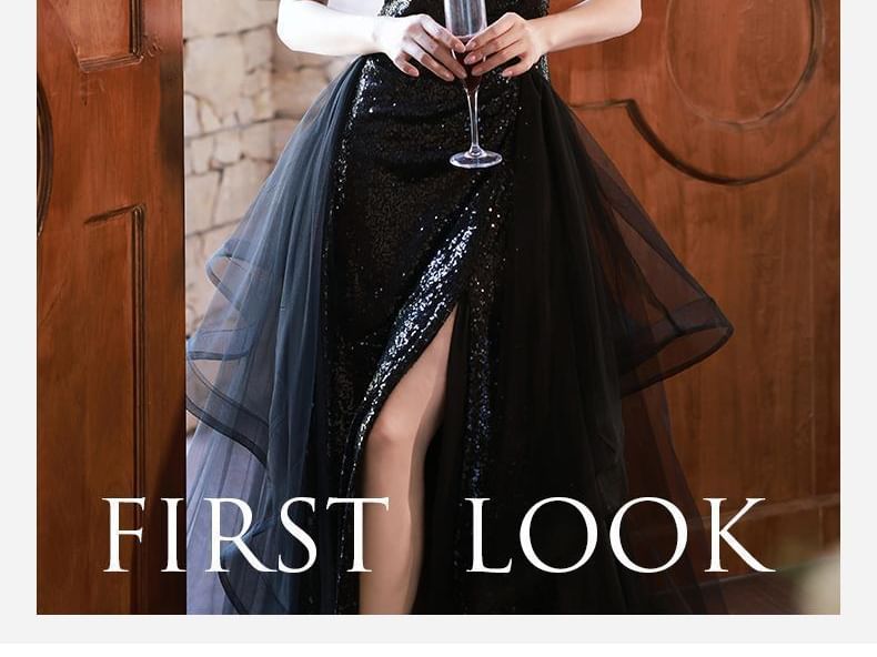 Ruffle Evening Strap Gown Spaghetti A-Line Sequin Side-Slit