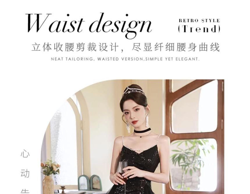 Ruffle Evening Strap Gown Spaghetti A-Line Sequin Side-Slit