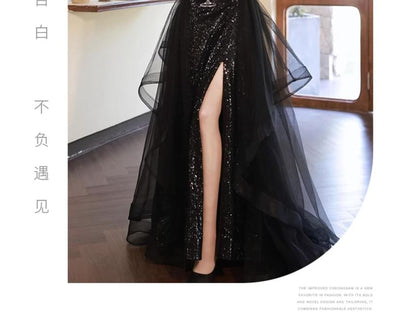 Ruffle Evening Strap Gown Spaghetti A-Line Sequin Side-Slit