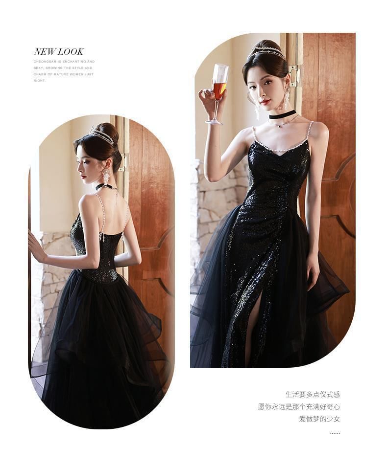 Spaghetti Strap Sequin Ruffle Side-Slit A-Line Evening Gown