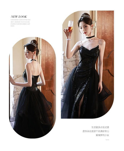 Spaghetti Strap Sequin Ruffle Side-Slit A-Line Evening Gown