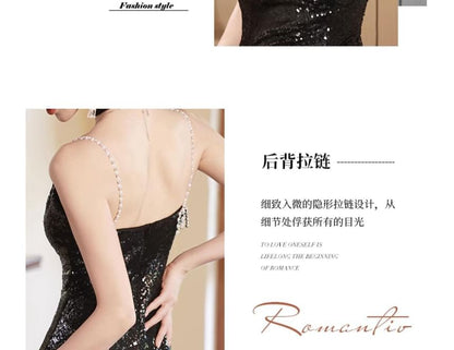 Sequin Ruffle Side-Slit A-Line Evening Gown with Spaghetti Straps