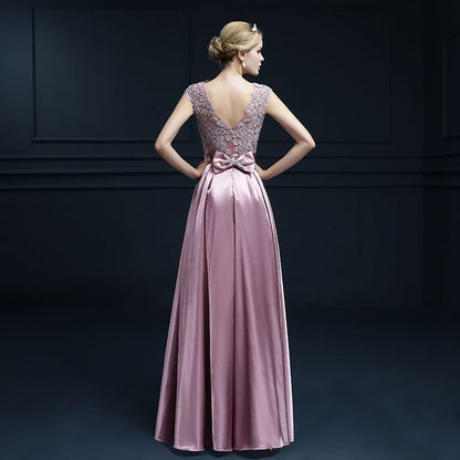 Sleeveless Flower Embroidered Bow Back A-Line Evening Gown / Elbow-Sleeve A-Line Evening Gown