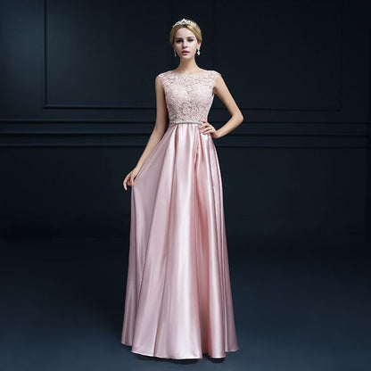 Sleeveless Flower Embroidered Bow Back A-Line Evening Gown / Elbow-Sleeve A-Line Evening Gown