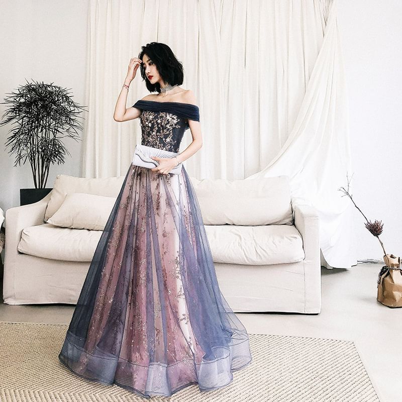 Off-Shoulder Sequin A-Line Evening Gown