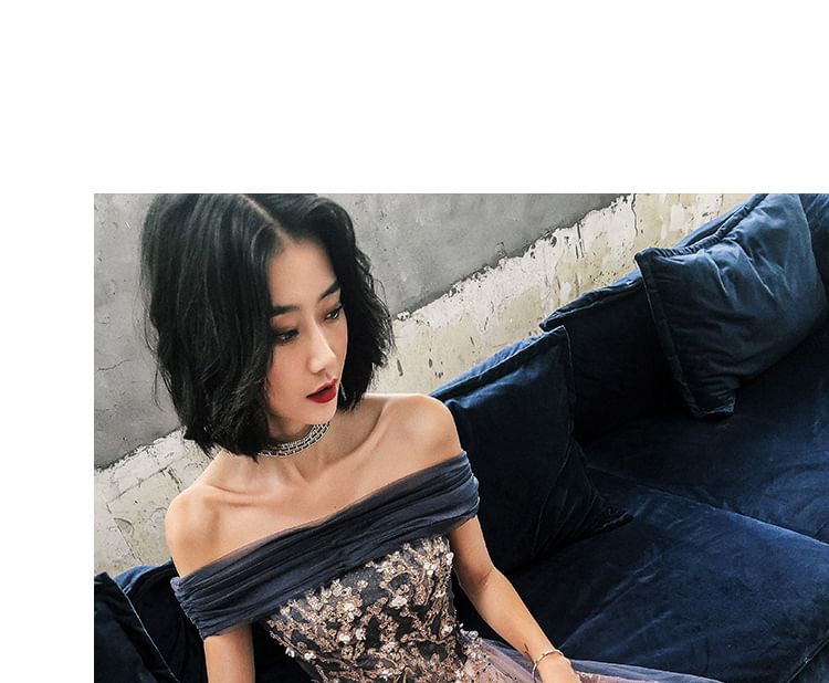 Off-Shoulder Sequin A-Line Evening Gown