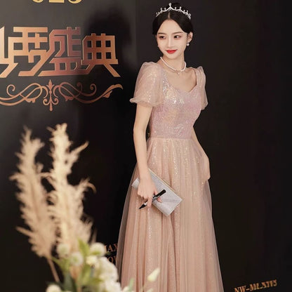 Puff-Sleeve Sequin A-Line Evening Gown