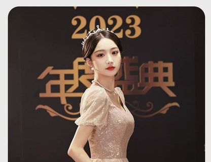 Puff-Sleeve Sequin A-Line Evening Gown