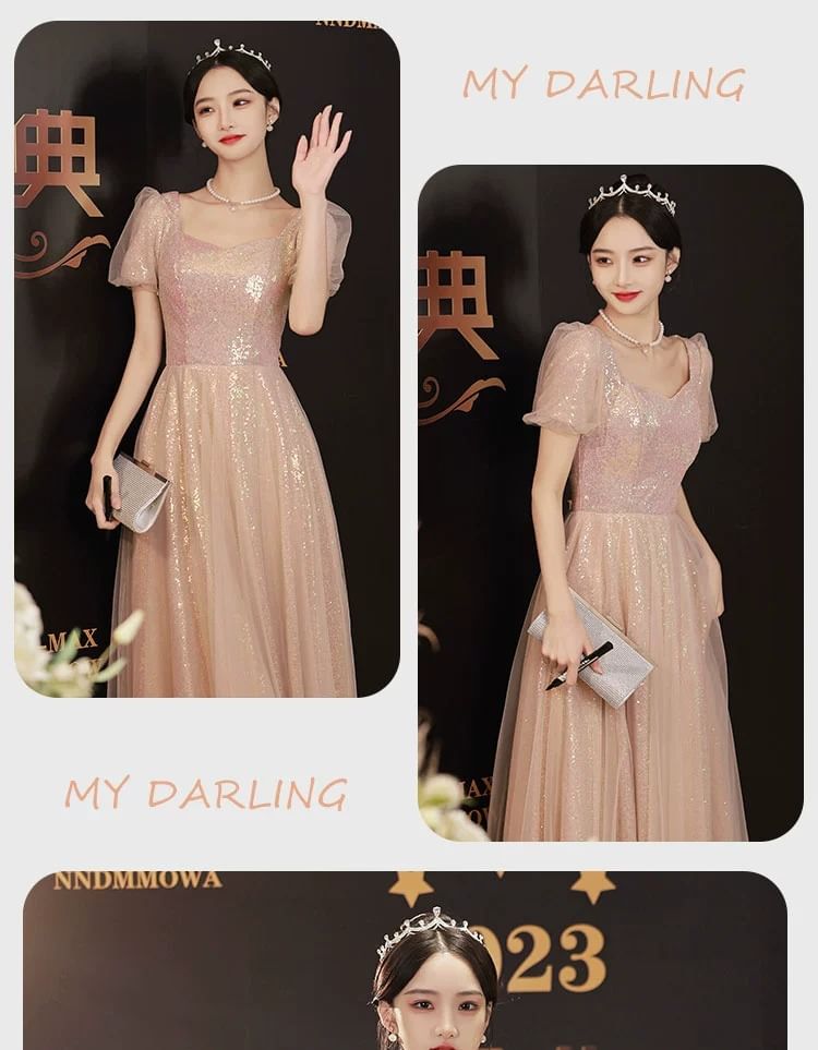 Puff-Sleeve Sequin A-Line Evening Gown