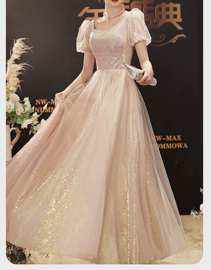 Puff-Sleeve Sequin A-Line Evening Gown