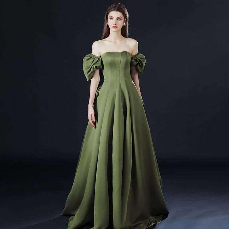 Puff-Sleeve Off-Shoulder Plain Bow Back Lace-Up A-Line Evening Gown