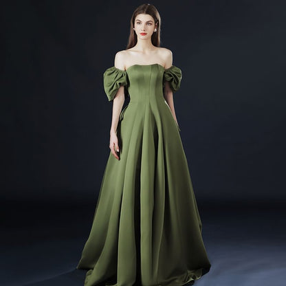 Puff-Sleeve Off-Shoulder Plain Bow Back Lace-Up A-Line Evening Gown
