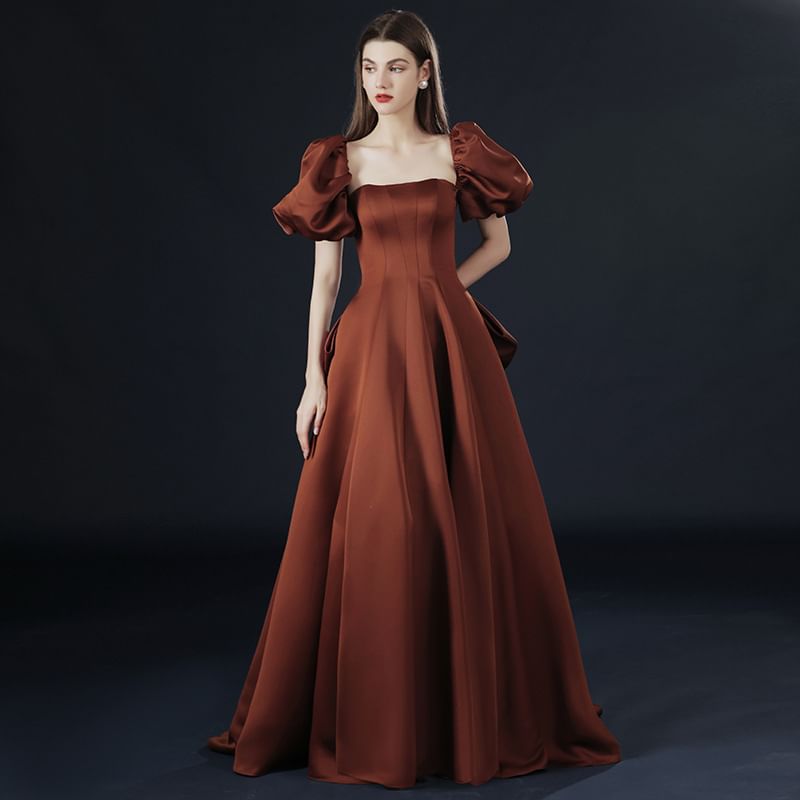 Puff-Sleeve Off-Shoulder Plain Bow Back Lace-Up A-Line Evening Gown