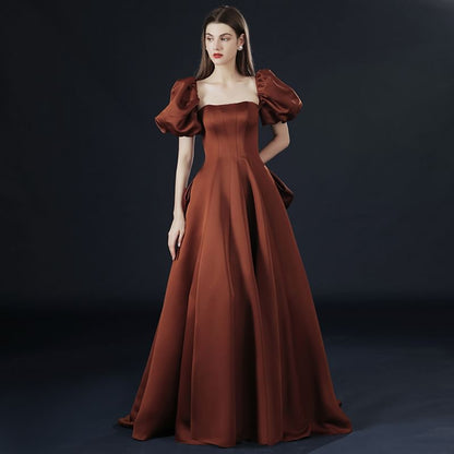 Puff-Sleeve Off-Shoulder Plain Bow Back Lace-Up A-Line Evening Gown