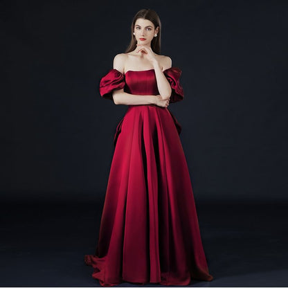 Puff-Sleeve Off-Shoulder Plain Bow Back Lace-Up A-Line Evening Gown