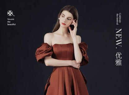 Puff-Sleeve Off-Shoulder Plain Bow Back Lace-Up A-Line Evening Gown