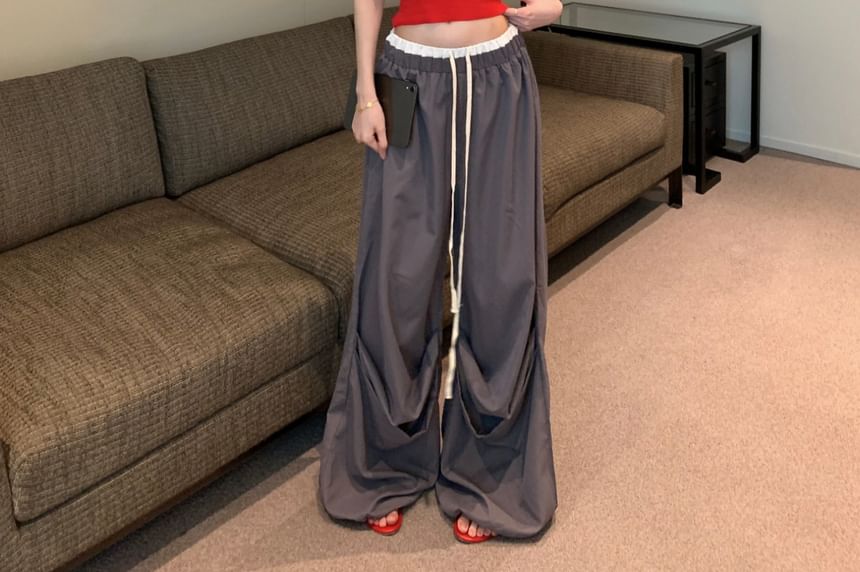 Lettering Print Crop Camisole Top / Drawstring Waist Contrast Trim Wide Leg Pants