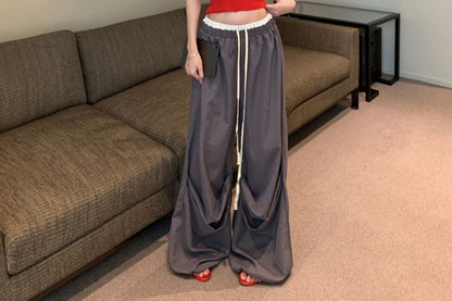 Lettering Print Crop Camisole Top / Drawstring Waist Contrast Trim Wide Leg Pants