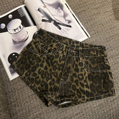 Low Rise Leopard Print Denim Hot Pants