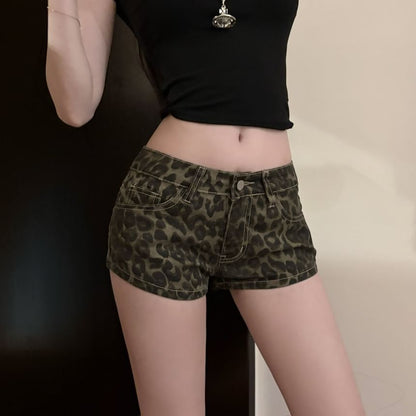 Low Rise Leopard Print Denim Hot Pants