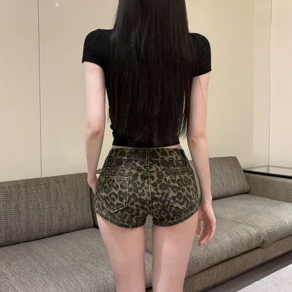 Low Rise Leopard Print Denim Hot Pants