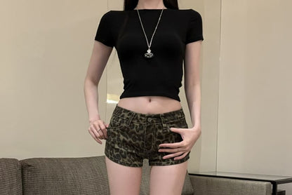 Low Rise Leopard Print Denim Hot Pants