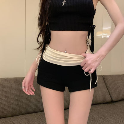 High Waist Two Tone Drawstring Ruched Hot Pants