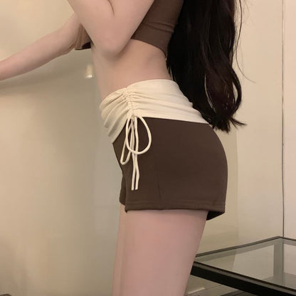 High Waist Two Tone Drawstring Ruched Hot Pants
