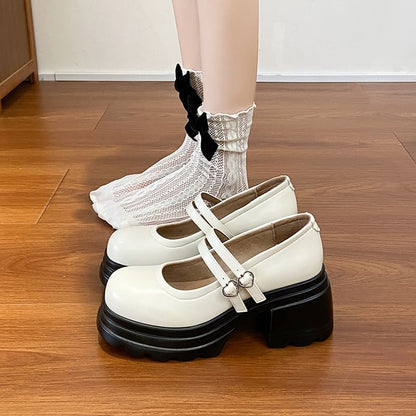 Platform Double Strap Heart Buckled Genuine Leather Mary Jane Shoes