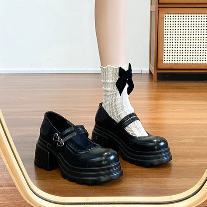 Platform Double Strap Heart Buckled Genuine Leather Mary Jane Shoes