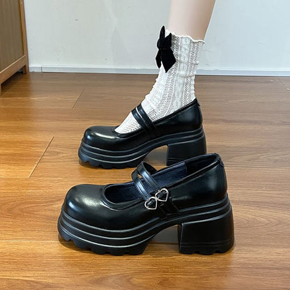 Platform Double Strap Heart Buckled Genuine Leather Mary Jane Shoes